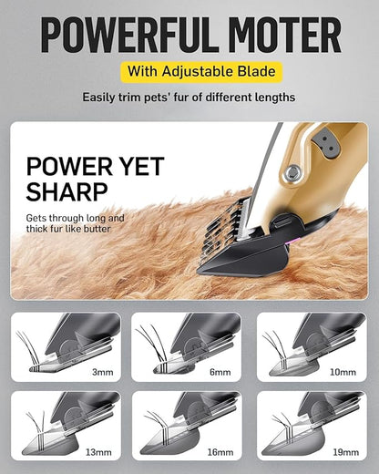 Dog Grooming Kit Low Noiseï¼_ordless 4 in 1 Dog Clippers for Grooming Rechargeable Pet Cat Trimmer with 2 Speed,6 Guards,Scissors,Comb for Small Medium Large Pets Dogs Cats Thick Hair Cutting(Gold)