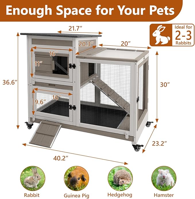 2 Story Rabbit Hutch Indoor with 2 Deeper Pull-Out Trays, Wooden Rabbit Cage with 4 Lockable Wheels, Ramp, Chew-Anti Metal Strip for Rabbit, Guinea Pig, Hamster(40.2" L X 23.2" W X 36.6" H)