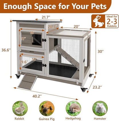 2 Story Rabbit Hutch Indoor with 2 Deeper Pull-Out Trays, Wooden Rabbit Cage with 4 Lockable Wheels, Ramp, Chew-Anti Metal Strip for Rabbit, Guinea Pig, Hamster(40.2" L X 23.2" W X 36.6" H)