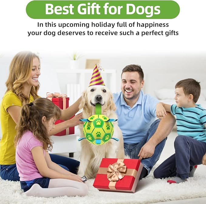 QDAN Dog Toys Soccer Ball, Interactive Dog Toys for Tug of War, Dog Tug Toy, Dog Water Toy, Durable Dog Balls for Small & Medium Dogs-Green&Yellow(6 inch)