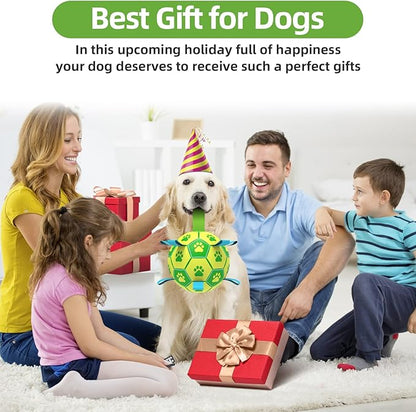 QDAN Dog Toys Soccer Ball, Interactive Dog Toys for Tug of War, Dog Tug Toy, Dog Water Toy, Durable Dog Balls for Small & Medium Dogs-Green&Yellow(6 inch)