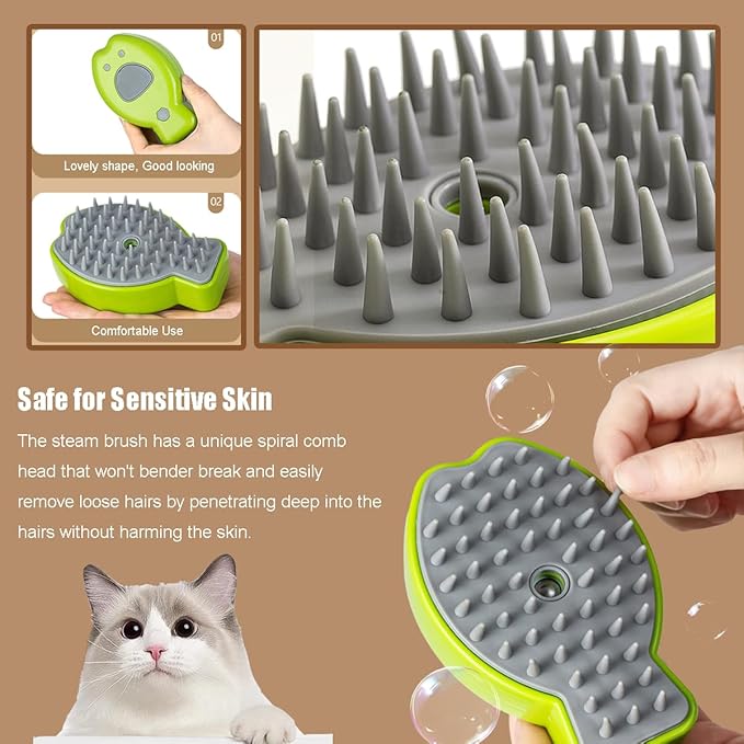 Cat Steam Brush,3 in 1 Steamy Cat Brush for Shedding,Steamy Cat Brush for Long & Short Haired Cats & Dogs, Pets Grooming Portable Pet Hair Removal Tool,Green