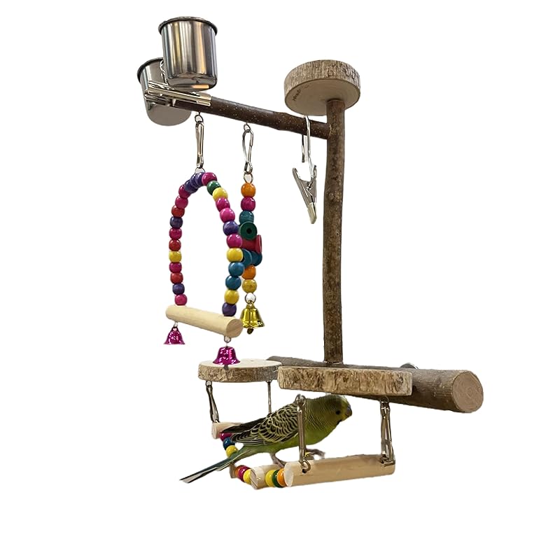 Natural Wood Bird Perch Playground for Outside the Cage Wall, Bird Platform and Play Area for Small to Medium Parrots like Cockatiels, Conures, Parrotlets, Lovebirds, and Budgies, Bird Cage Accessory