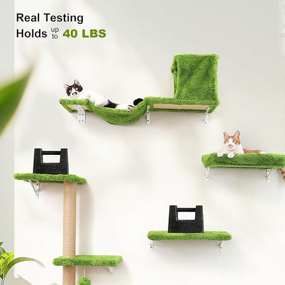 FUKUMARU Cat Wall Shelves, Stable & Safe 4 in 1 Cat Furniture Set, Wooden Climbing Wall with Scratching Post, Bridge and Bed, Stylish Jungle Gym for 16 Inch Drywall - Green