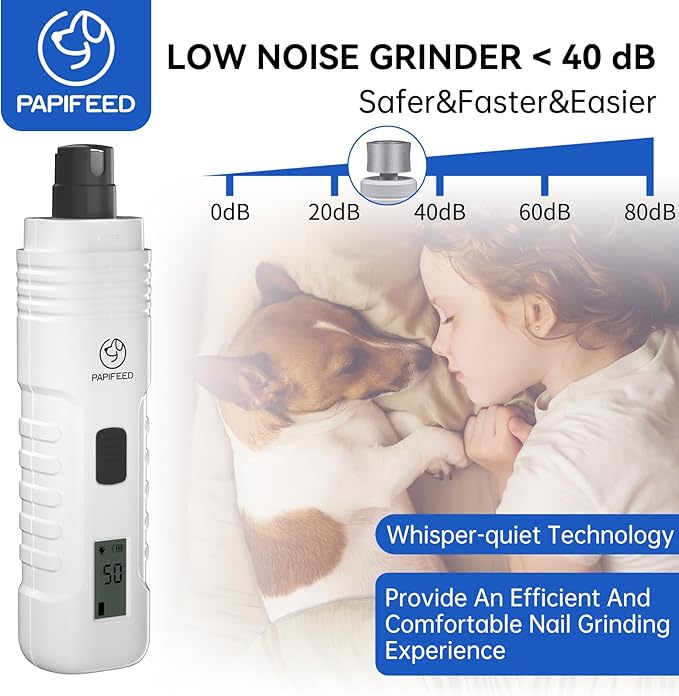 Dog Nail Grinder Professional Pets, 3-Speed Electric Quiet Dog Nail Grinder, Rechargeable Dog Nail Trimmers - with 2 LED Lights/2 Grinder Wheels, for Small, Medium, (White)
