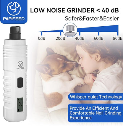 Dog Nail Grinder Professional Pets, 3-Speed Electric Quiet Dog Nail Grinder, Rechargeable Dog Nail Trimmers - with 2 LED Lights/2 Grinder Wheels, for Small, Medium, (White)