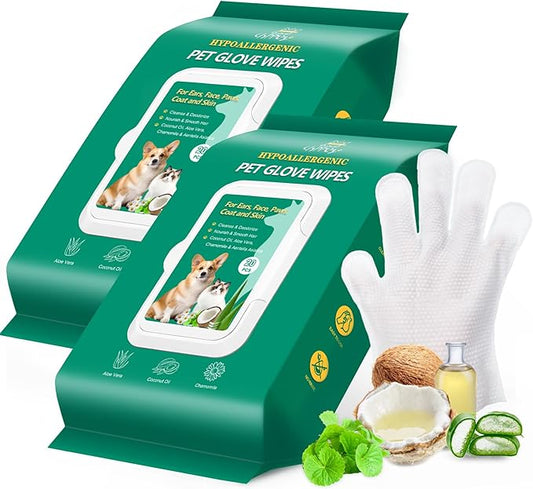 40PCS Pet Cleaning and Deodorizing Grooming Glove Wipes for Dogs and Cats, Extra Thick Nourish Fur No-Rinse Grooming Wipes for Daily Care and Travel, Hypoallergenic