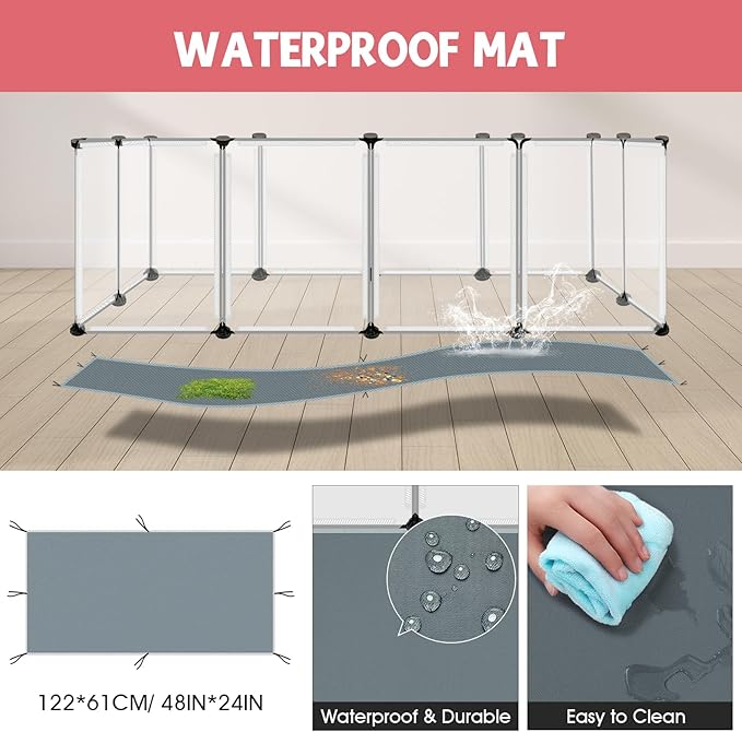 32 Panels Small Animals Playpen,Transparent Playpen with Waterproof Mat, Plastic Enclosure,Puppy Play Pen for Chicken,Pet Fence for Guinea Pigs,Bunny,Ferrets,Hamsters,Hedgehogs for Indoors Outdoor