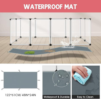 32 Panels Small Animals Playpen,Transparent Playpen with Waterproof Mat, Plastic Enclosure,Puppy Play Pen for Chicken,Pet Fence for Guinea Pigs,Bunny,Ferrets,Hamsters,Hedgehogs for Indoors Outdoor