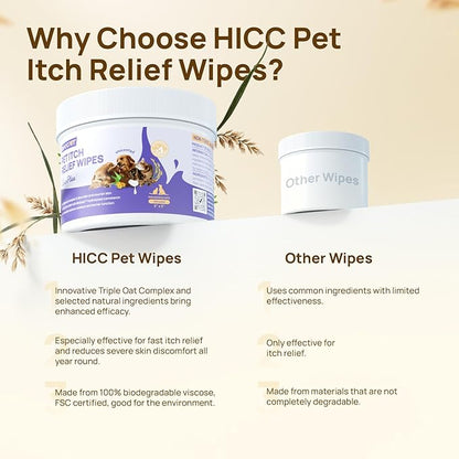 HICC PET Itch Relief Wipes for Dogs & Cats, Rapidly Relieves Itching, Soothes Hot Spots and Skin Irritations Hypoallergenic Hot Spot Treatment Wipes, Skin Soother for Dogs - 200 Count
