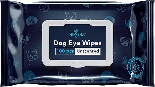 NOVEHA Dog Eye Wipes - Plant-Based Eye Wipes for Dogs - Formulated to Remove Eye Debris, Tear Stains & Eye Discharge - Safe, Convenient, and Large Unscented Wipes (100 Counts, Single Packaging)