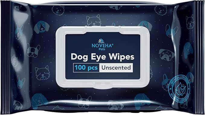 NOVEHA Dog Eye Wipes - Plant-Based Eye Wipes for Dogs - Formulated to Remove Eye Debris, Tear Stains & Eye Discharge - Safe, Convenient, and Large Unscented Wipes (100 Counts, Single Packaging)