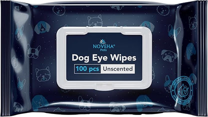 NOVEHA Dog Eye Wipes - Plant-Based Eye Wipes for Dogs - Formulated to Remove Eye Debris, Tear Stains & Eye Discharge - Safe, Convenient, and Large Unscented Wipes (100 Counts, Single Packaging)