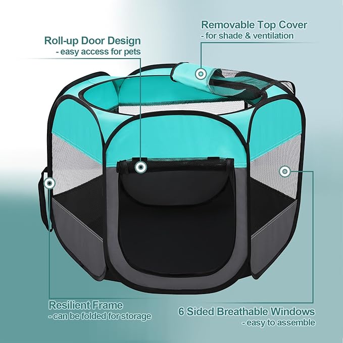 Pet Puppy Playpen for Cat Dog Indoor Outdoor, Foldable Portable Tent, Pop Up Dog Kitten Kennel Playpen with Carrying Case and Bowl,Green,Medium