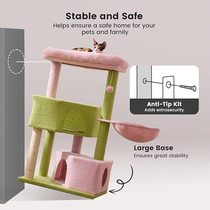 Gardner Pet 41" Tall Pink&Green Cat Tree for Medium-Large Cats, Heavy Duty Cat Tower with 2.8in Posts & Washable Top Perches, Space-Saving Cat Furniture for Apartments, Easy to Assembly
