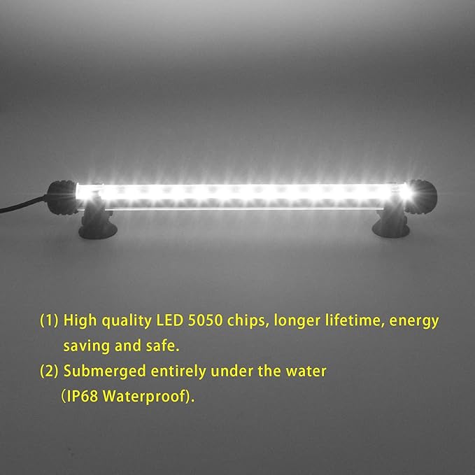 LED Aquarium Light, White Fish Tank Light Underwater Submersible Bright IP68 Waterproof Crystal Glass LEDs Lights Strip Lighting Bar with ON/Off Button, 11 Inch