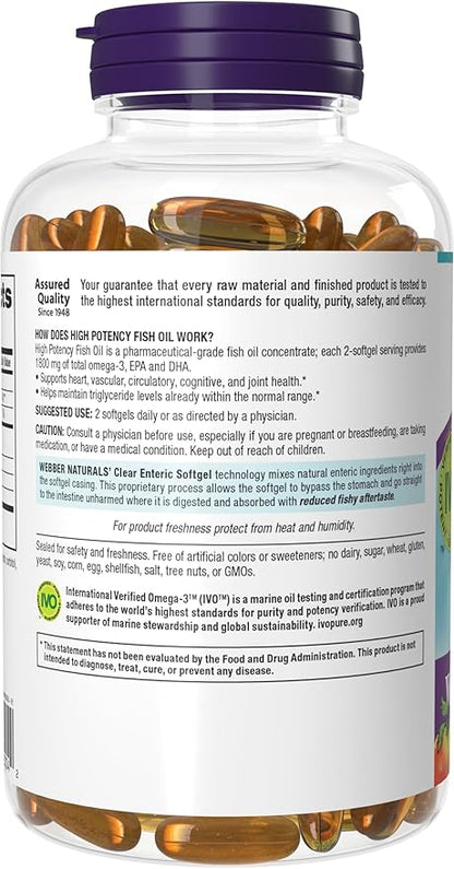 Webber Naturals Fish Oil 2850 mg, High Potency, 1,800 mg Omega-3 per Serving, 120 Clear Enteric Softgels, No Fishy Aftertaste, Ultra-Purified, Supports Heart, Cognitive, and Joint Health