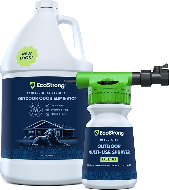 Eco Strong Outdoor Odor Eliminator | Outside Dog Urine Enzyme Cleaner  Powerful Pet, Cat, Animal Scent Deodorizer | Professional Strength for Yard, Turf, Kennels, Patios, Decks (Gallon with Sprayer)