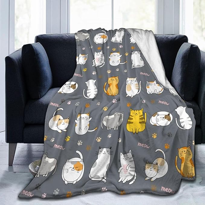 Cat Pattern Throw Blanket Gifts for Men Women Boys Girls Kid Soft Warm Flannel Fleece Blankets for Bed, Sofa, Couch, Travel, Camping 50x40 Inches