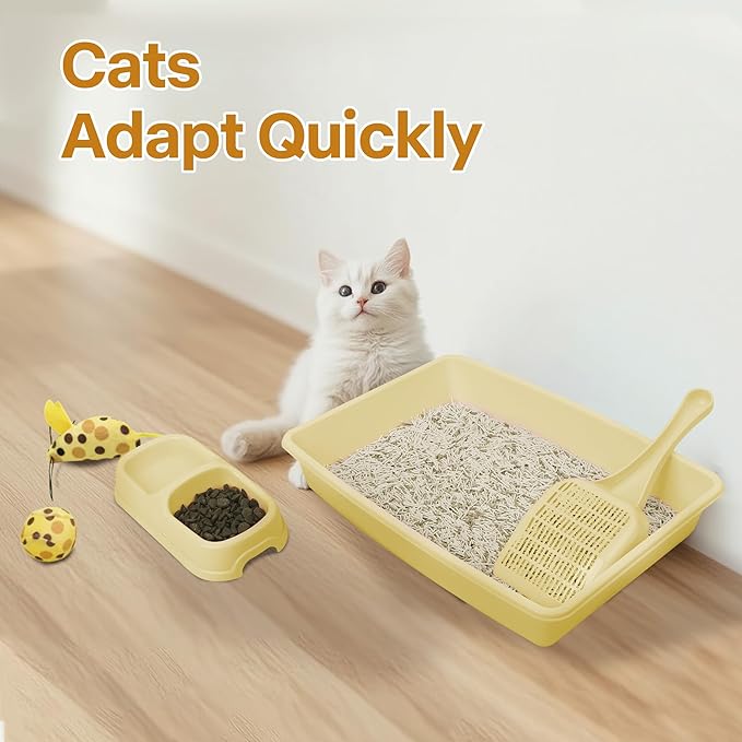 PAWISE Small Cat Litter Box, Kitten Litter Box Starter Kit, Low Entry Baby Kitten Training Litter Box with Scoop, Bowls,Cat Mouse Toy and Cat Ball Toy,First Catty Owner Essentials (Yellow)