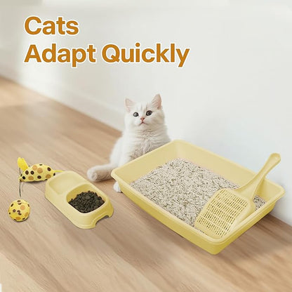 PAWISE Small Cat Litter Box, Kitten Litter Box Starter Kit, Low Entry Baby Kitten Training Litter Box with Scoop, Bowls,Cat Mouse Toy and Cat Ball Toy,First Catty Owner Essentials (Yellow)
