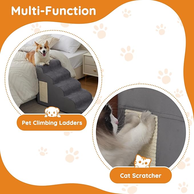Pet Stairs, Dog Stairs for Small Dogs, Dog Steps, 3-Step Curved Dog Ramp for Bed, Couch, Sofa, Car and Chairs, Non-Slip Bottom Design, Cat Scratching Board, High Density Foam Portable Pet Step, Grey