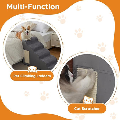 Dog Steps for Bed, Dog Stairs for Small Dogs, 4-Step Dog Ramp for Bed, Couch, Sofa, and Chairs, Non-Slip Bottom Design, Cat Scratching, High Density Foam Portable Pet Step, Indoor, Grey