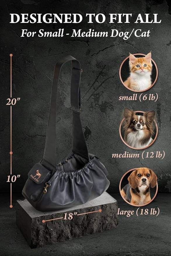 Noah & Paw Dog Sling Carrier for Small Dogs 5-18lb, Dog Sling for Small Dogs and Cats, Dog Carrier with Adjustable Padded Strap, Vegan Leather Lined with Fur, Double Safety Feature, Machine Washable