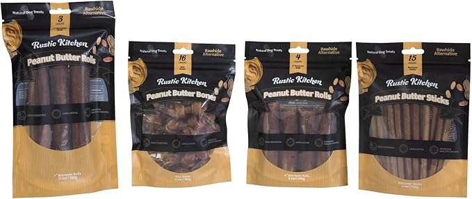 Rustic Kitchen Collagen Sticks for Dogs, Real Peanut Butter Sticks 15ct - Rawhide Free Long Lasting Dog Treats