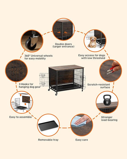 Dog Crate Furniture, Dog Kennel Indoor Double Doors Wooden Dog Cage, 32'' Dog Crate with Pull-Out Tray & Removable Wheels, Decorative End Table Pet House Chew-Resistant for Medium Dog, Rustic Brown