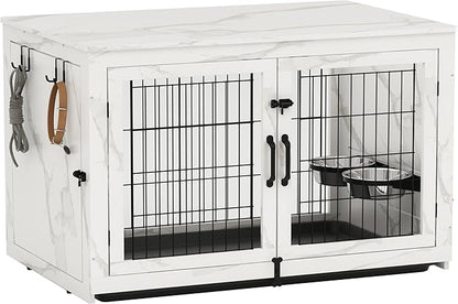 Piskyet Wooden Dog Crate Furniture with 360°Rotatable Removable Dog Bowls, Dog Crate End Table with Tray, Double Doors Dog Kennels for Dogs(XL:43.2" L*28.6" W*30.3" H, Marble White)