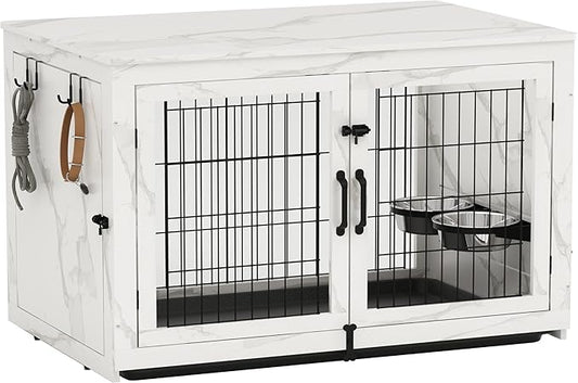Piskyet Wooden Dog Crate Furniture with 360°Rotatable Removable Dog Bowls, Dog Crate End Table with Tray, Double Doors Dog Kennels for Dogs(XL:43.2" L*28.6" W*30.3" H, Marble White)