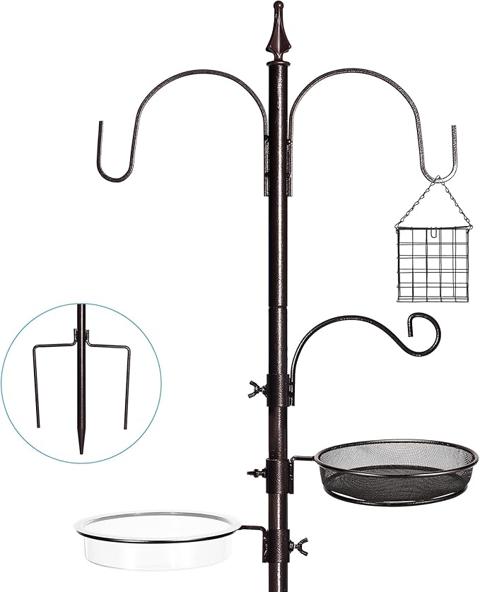 Bird Feeder Stand Pole,77 Inch Feeding Station Kit for Outside, Wild Bird Feeder Hanging Kit with Metal Suet, Bird Bath and Mesh Tray, 3-Prong Base