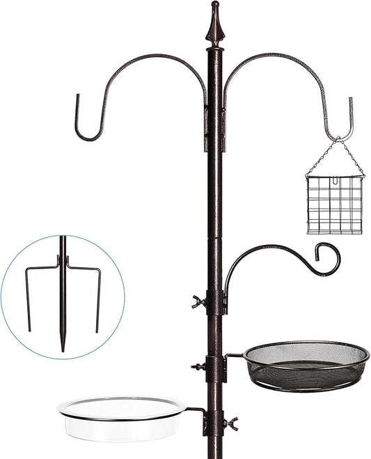 Bird Feeder Stand Pole,77 Inch Feeding Station Kit for Outside, Wild Bird Feeder Hanging Kit with Metal Suet, Bird Bath and Mesh Tray, 3-Prong Base