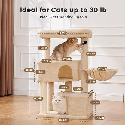 Gardner Pet 41" Tall Cat Tree for Large Cats, Heavy Duty Cat Tower with 3.2in Posts & Washable Top Perches, Space-Saving Cat Furniture with Replaceable Natural Sisal for Apartments, Easy to Assembly