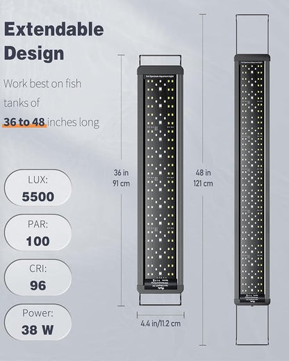 Pawfly 38 W Aquarium LED Light for 36" to 45" Tanks 24/7 Extendable Fish Tank with Full Spectrum IP68 Waterproof Light with D/N Mode Single Color Effects Timer and Adjustable Brightness