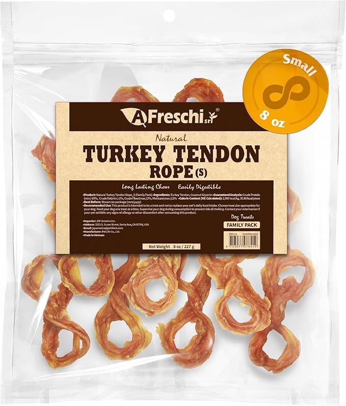 Afreschi Natural Turkey Tendon Rope (S) 8 oz, Turkey Sourced from USA, All Natural Puppy Chew, Hypoallergenic, Rawhide Alternative, for Small Breeds