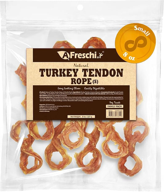 Afreschi Natural Turkey Tendon Rope (S) 8 oz, Turkey Sourced from USA, All Natural Puppy Chew, Hypoallergenic, Rawhide Alternative, for Small Breeds