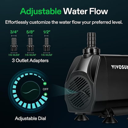 VIVOSUN 1050 GPH 100W Submersible Water Pump, Quiet Fountain Pump With 13.1 ft Head Lift, 6.6 ft Power Cord, 3 Nozzles, Tubing, & 2 Clamps, For Fish Tank, Pond, Aquarium, Hydroponics