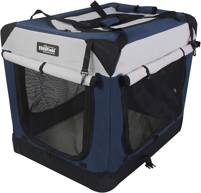 EliteField 4-Door Folding Soft Dog Crate with Curtains, Carrying Bag and Fleece Bed (2 Year Warranty), Indoor & Outdoor Pet Home (20" L x 14" W x 14" H, Navy Blue+Gray)