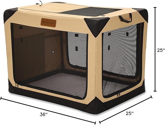 36 Inch Collapsible Soft Dog Crate for Large Dogs, 4-Door Foldable Travel Dog Kennel with Durable Mesh Windows for Indoor & Outdoor Portable Pet Crate, Soft Side Dog Crate, Beige