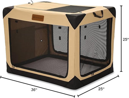 36 Inch Collapsible Soft Dog Crate for Large Dogs, 4-Door Foldable Travel Dog Kennel with Durable Mesh Windows for Indoor & Outdoor Portable Pet Crate, Soft Side Dog Crate, Beige