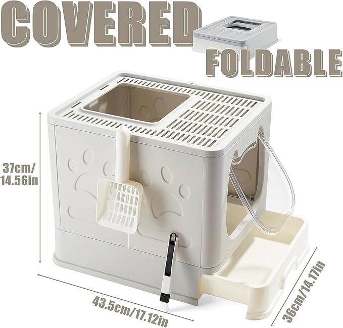 Gefryco Litter Box with Lid for Small to Medium Cats, Enclosed Cat Litter Box with Cover，High Sided Top Entry Cat Box with Brush and Scoop, Cute Kitty Litter Pan with Drawer for Growing Kittens(Grey)