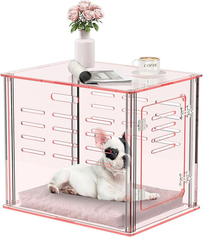 Sumerflos Acrylic Dog Crate Furniture - Clear Pink Dog Kennel End Table for Small Dog Cat Pet, Indoor Lockable End Table Dog Crate Ventilated See-Through, 23.6" L x 17.7" W x 20.0" H