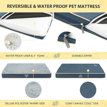 VANKEAN Waterproof Dog Crate Pad Bed Mat Reversible (Warm&Cool), Removable Washable Cover & Waterproof Inner Lining, Pet Crate Mattress for Cats and Dogs, Joint Relief Dog Bed for Crate, Navy