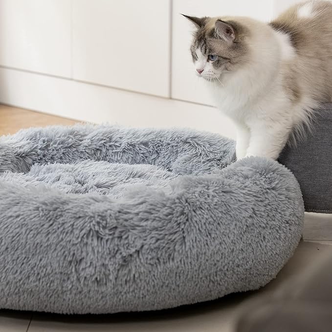 Anti Anxiety Round Fluffy Plush Faux Fur Warm Washable Dog Bed & Cat Bed, Original Bed for Small Medium Large Pets,Used to Relieve Joints and Improve Sleepï¼20"/24"/27''ï¼ (20", Light Grey)