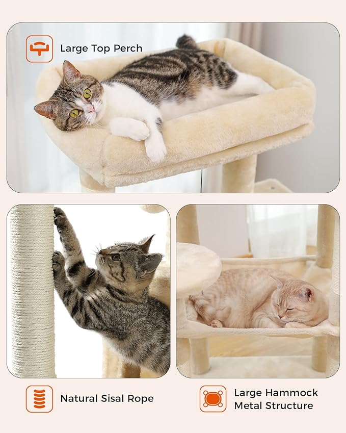 Cat Tree for Large Cats Adult with Metal Plush Big Hammock, 56.3" Cat Tower with 2 Door Condo House, 6-Tier Cat Shelves with Scratching Posts and Large Top Perch, Beige