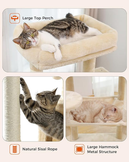Cat Tree for Large Cats Adult with Metal Plush Big Hammock, 56.3" Cat Tower with 2 Door Condo House, 6-Tier Cat Shelves with Scratching Posts and Large Top Perch, Beige