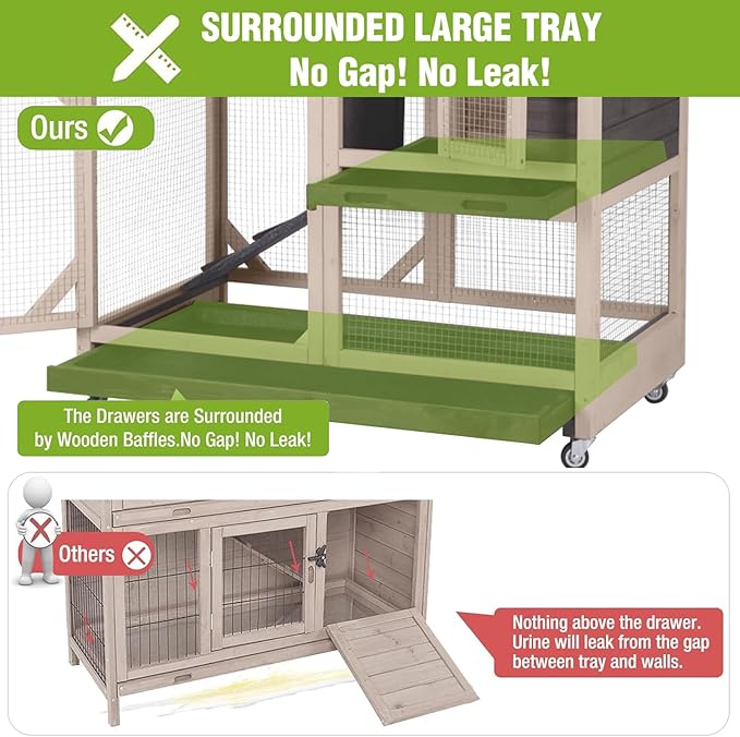 GUTINNEEN Rabbit Hutch Indoor 2 Story with 3 Doors, Outdoor Bunny Cage with Movable Wheels and Easy Clean Trays for Guinea Pig Cage 40.6" L