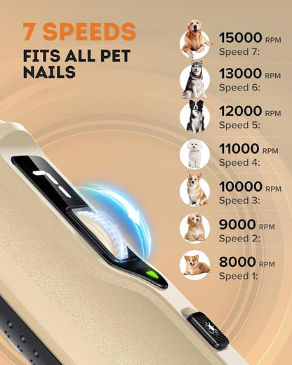 YABIFE 7-Speed Dog Nail Trimmers, Professional Dog Nail Grinder with Light - Heavy Duty Pet Nail Grinder for Dogs/Cats/Birds/Small Animals - Whisper Quiet, Single Hand Operation